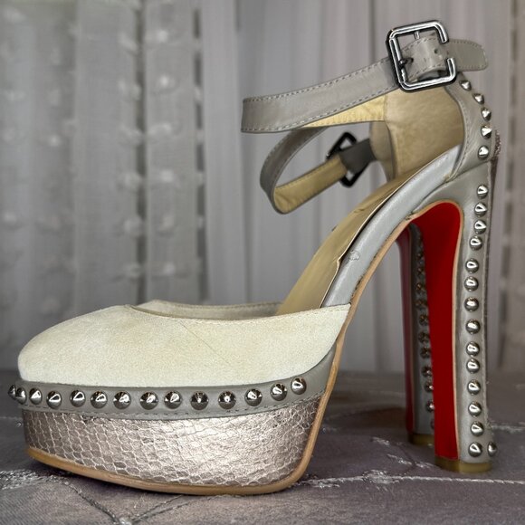 Studded Platform Suede Pewter High Heel Pumps - Picture 5 of 16